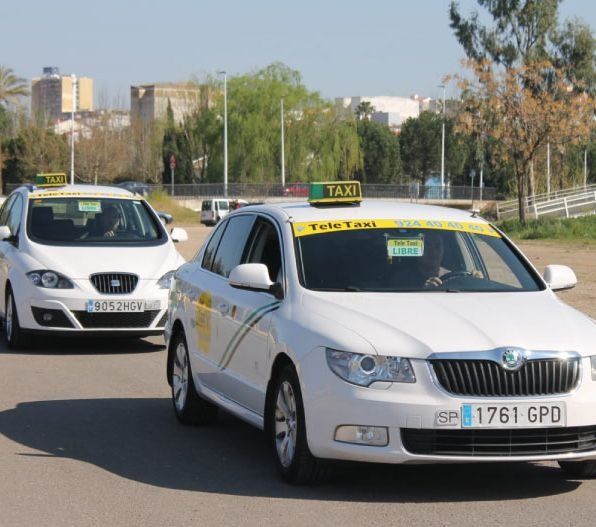 Dos taxis blancos circulan por la carretera. Uno es un Skoda y el otro un Seat. Ambos tienen letreros de taxi.