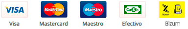 Métodos de pago: Logotipos Visa, Mastercard, Maestro, Efectivo y Bizum.