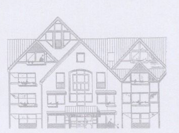Zeichnung eines dreistöckigen Gebäudes mit mehreren Giebeldächern, Fenstern und dekorativem Fachwerk.