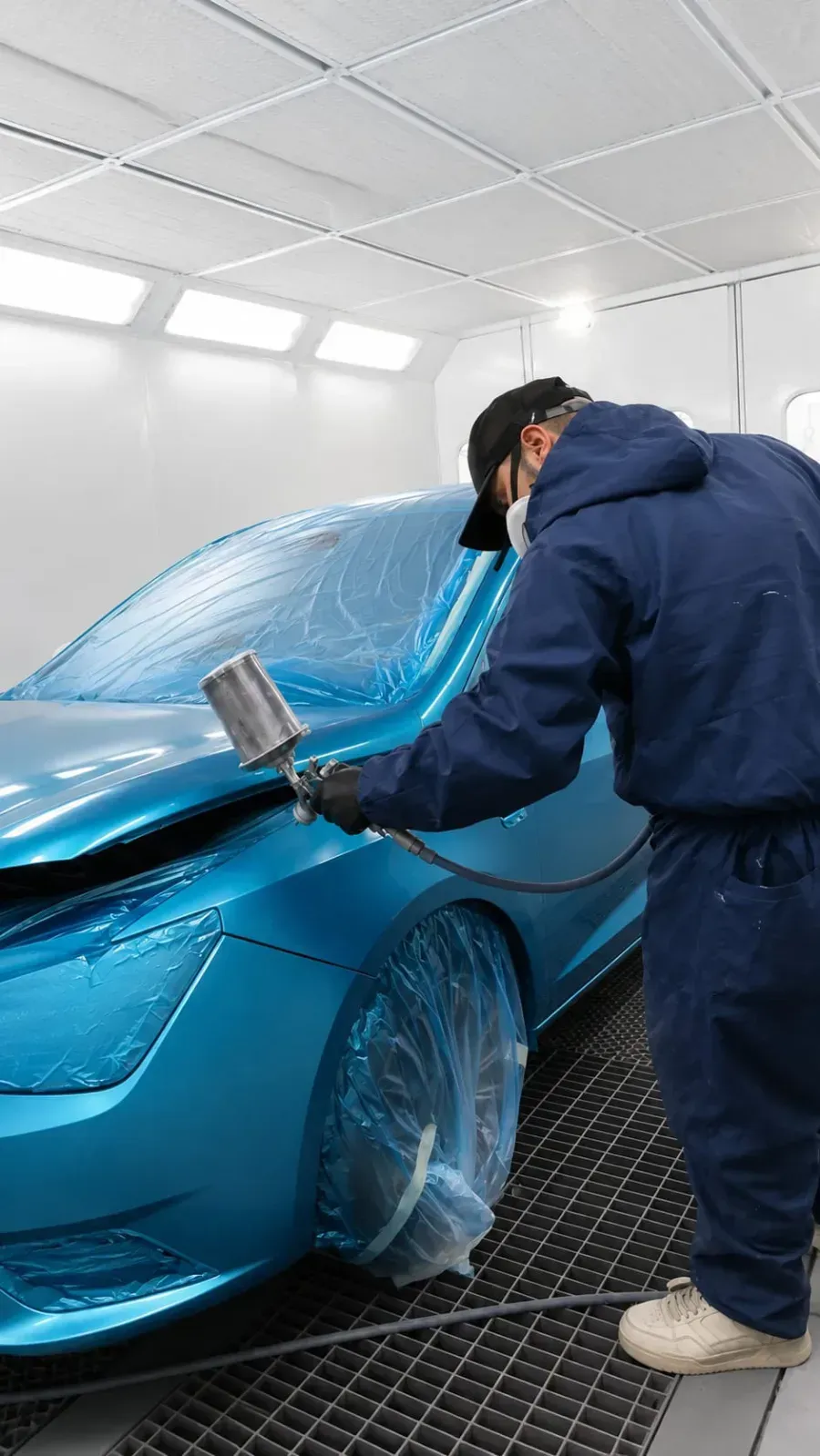 Técnico envolviendo un coche deportivo azul con una película protectora en un taller.