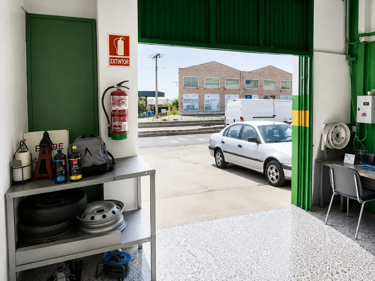 Entrada de taller mecánico con un coche plateado aparcado y vista de la calle.