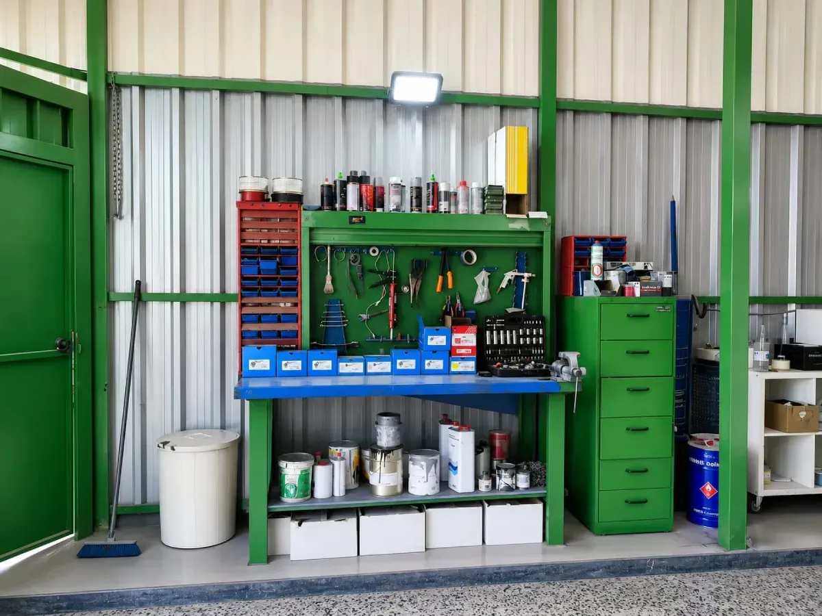 Estanterías de taller de garaje con herramientas, latas de pintura y contenedores de almacenamiento