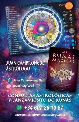 Póster de astrología con una colorida rueda del zodíaco, el libro “Las Runas Mágicas” e información de contacto.