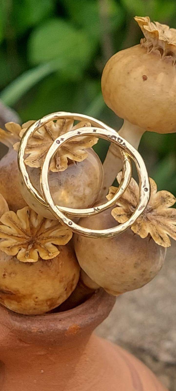 Maceta decorativa con vainas de semillas secas y hojas, adornada con tres anillos plateados superpuestos.