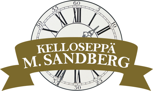 Logo kultaisella nauhalla, jossa lukee &rdquo;KELLOSEPP&Auml; M. SANDBERG&rdquo; roomalaisin numeroin varustetun kellotaulun p&auml;&auml;ll&auml;