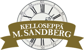 Logo kultaisella nauhalla, jossa lukee ”KELLOSEPPÄ M. SANDBERG” roomalaisin numeroin varustetun kellotaulun päällä