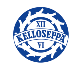 Sinivalkoinen KELLOSEPPA-logo, jossa on hammaspyörää muistuttava reunus ja roomalaiset numerot XII ja VI.