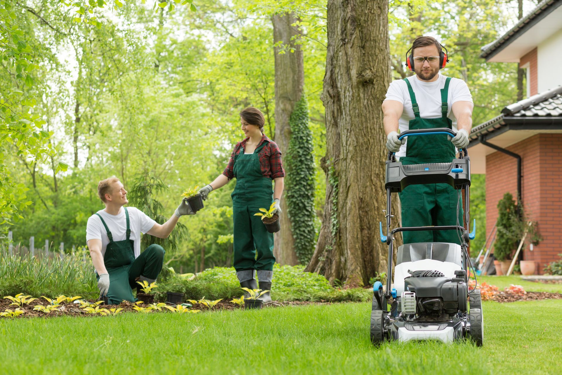 Drei Personen bei der Gartenarbeit: eine mäht den Rasen, zwei pflanzen Blumen in einem Garten mit einem Haus im Hintergrund.