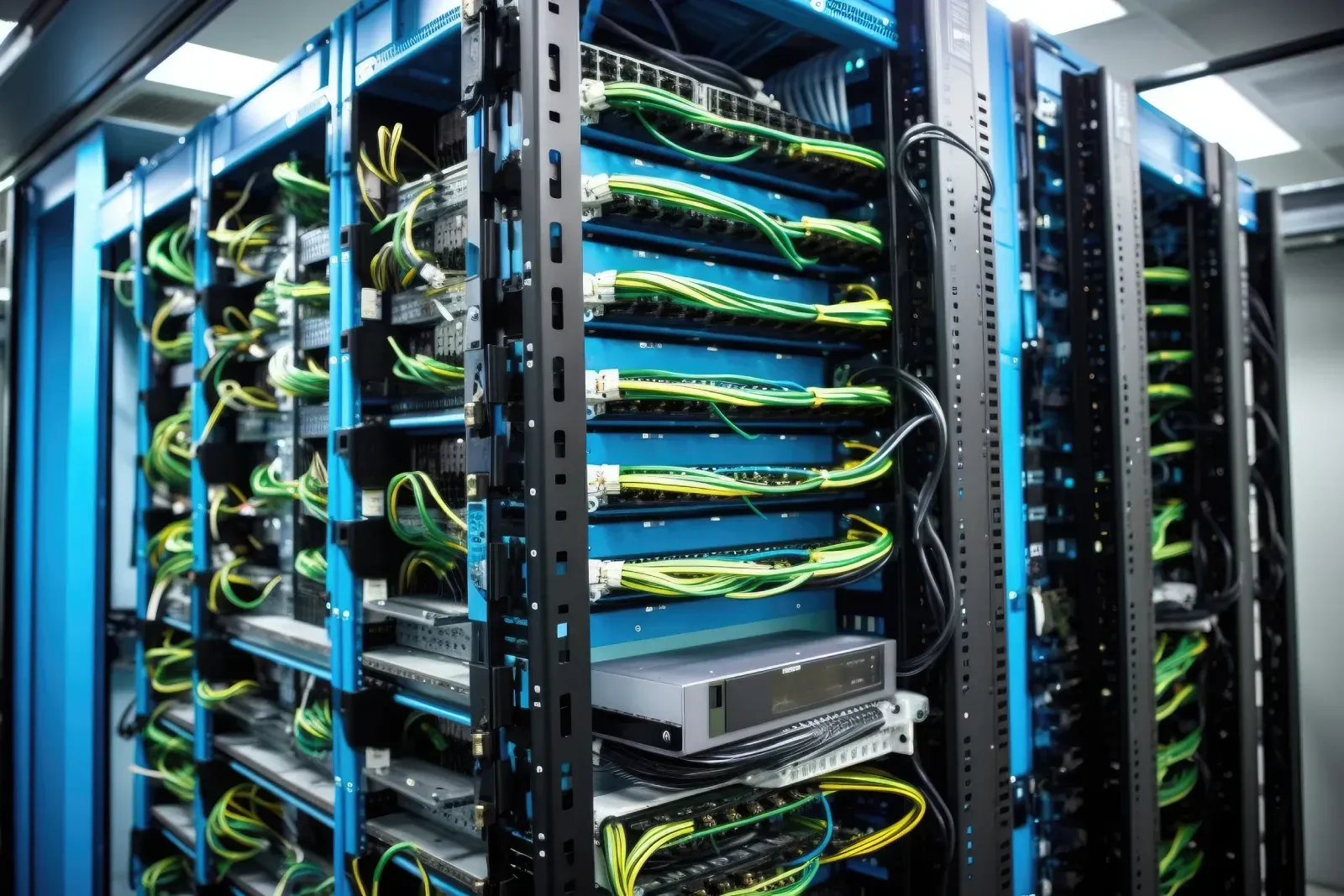 Una sala de servidores llena de muchos cables y alambres.
