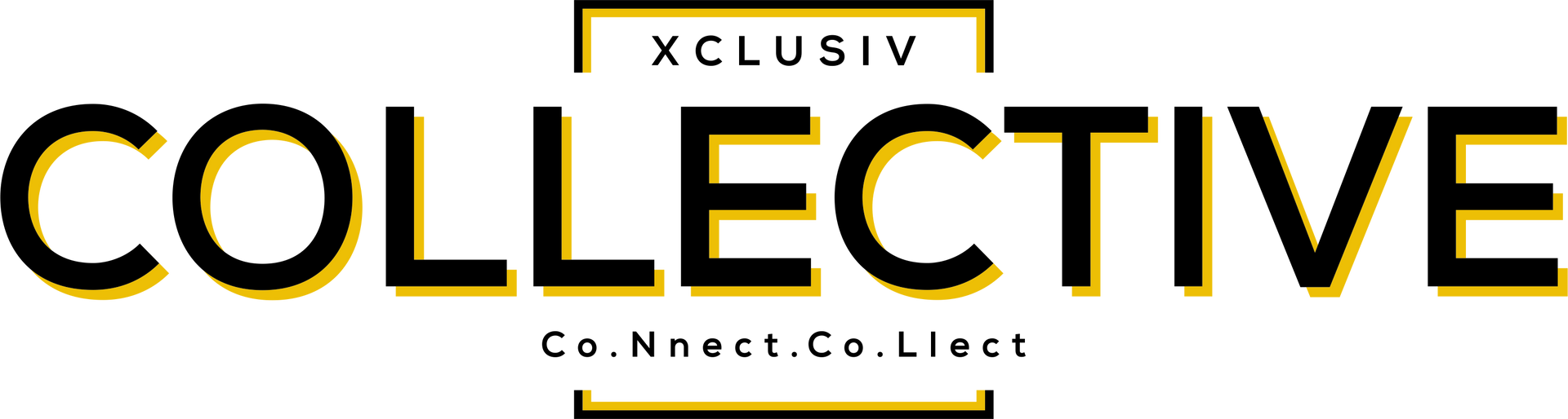 Logo für Xclusiv Collective in schwarzer Schrift mit gelbem Schatten, mit dem Slogan 
