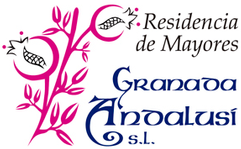 Logo for "Residencia de Mayores Granada Andalusí s.l.". Pink pomegranate design, blue text.