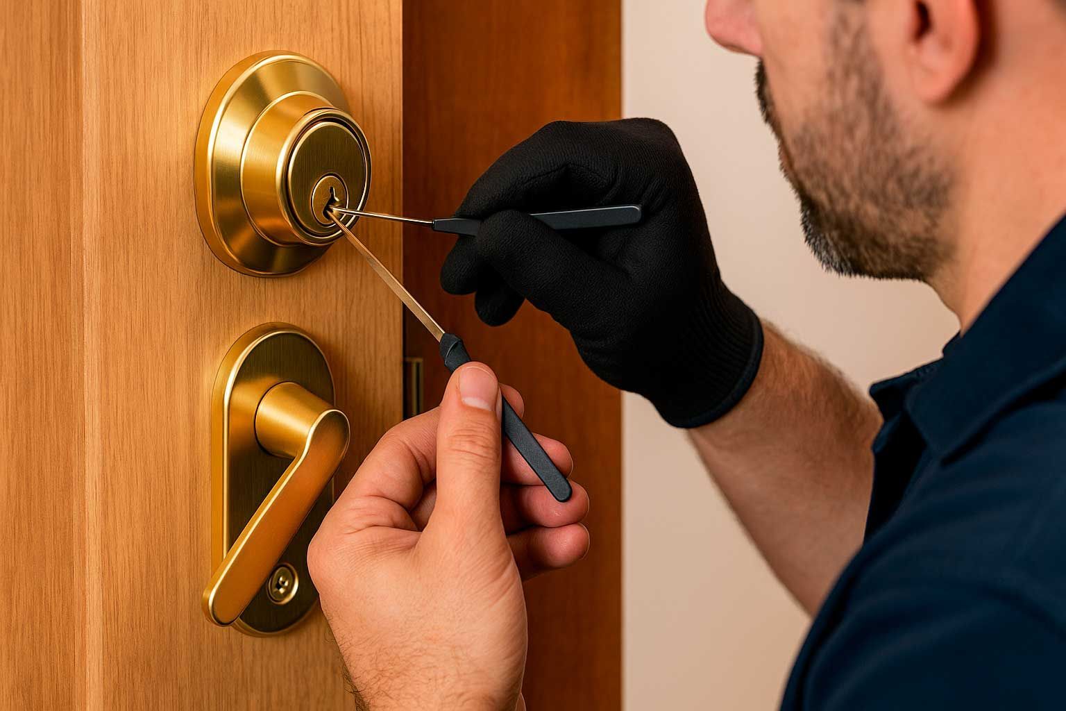 Una persona sostiene un teléfono celular frente a la cerradura de una puerta.