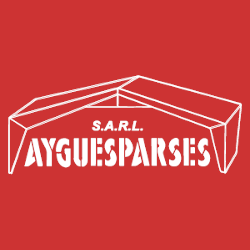 Texte blanc &laquo; SARL AYGUESPARSES &raquo; avec une structure abstraite superpos&eacute;e, sur fond rouge.