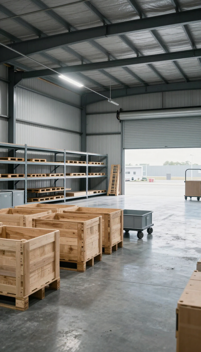 Interior vacío de un almacén con cajas de madera, estanterías metálicas y un carrito gris junto a un muelle de carga abierto.