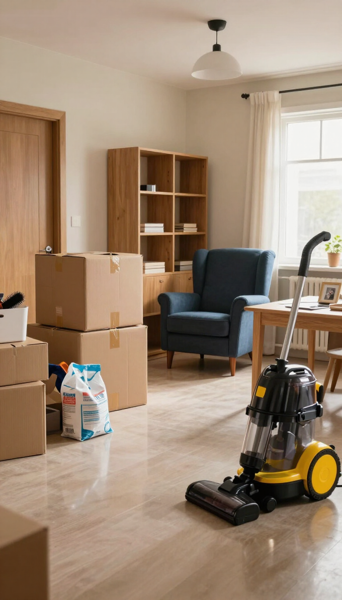 Cajas de mudanza y una aspiradora en una habitación luminosa con muebles de madera.