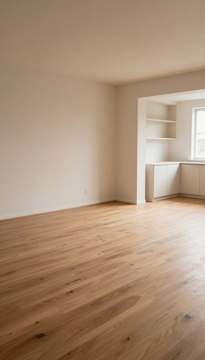 Habitación vacía y luminosa con suelo de madera y una pequeña alcoba empotrada junto a una ventana.