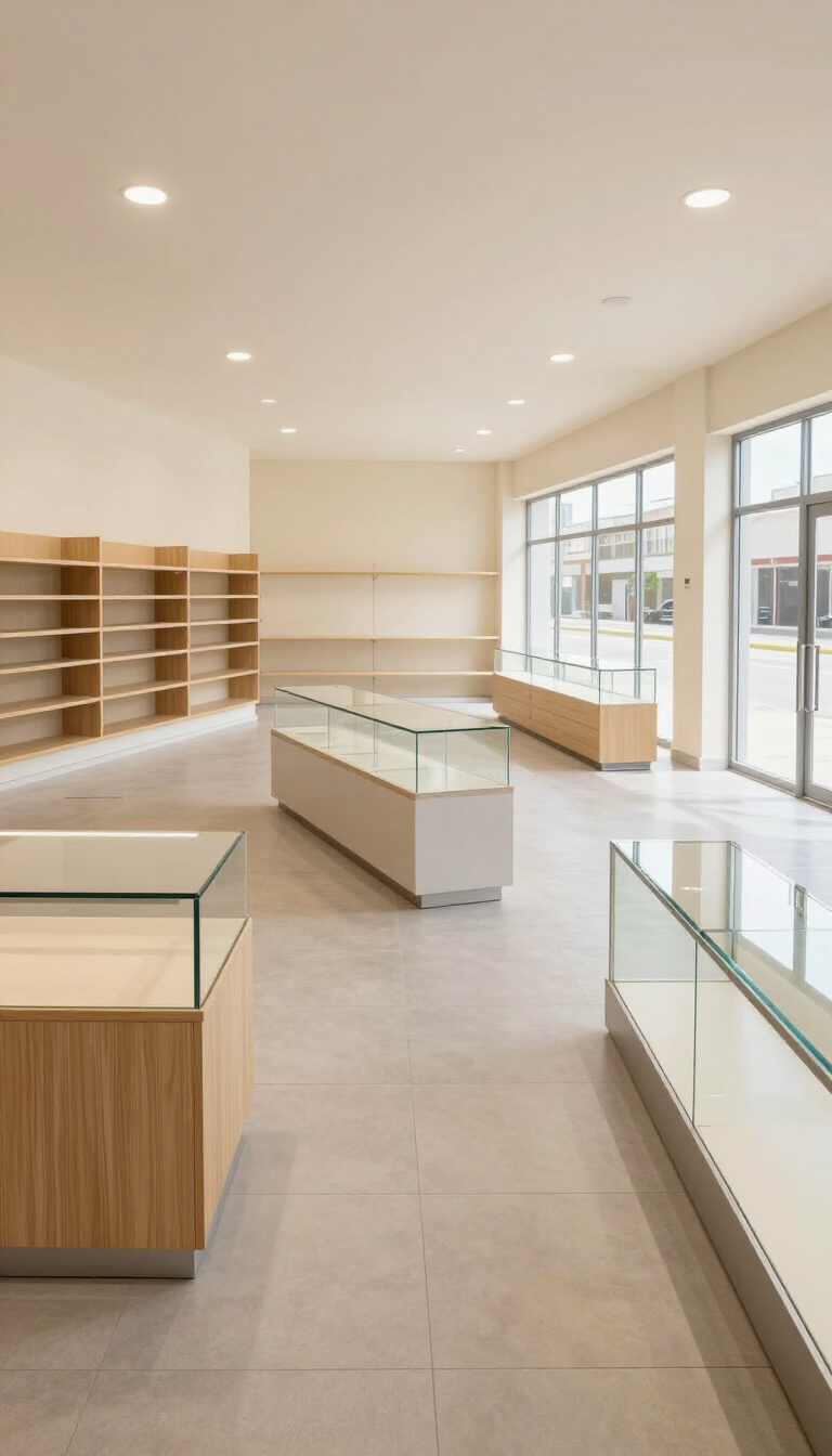 Interior comercial vacío y luminoso con vitrinas de cristal, estanterías de madera y grandes ventanales.