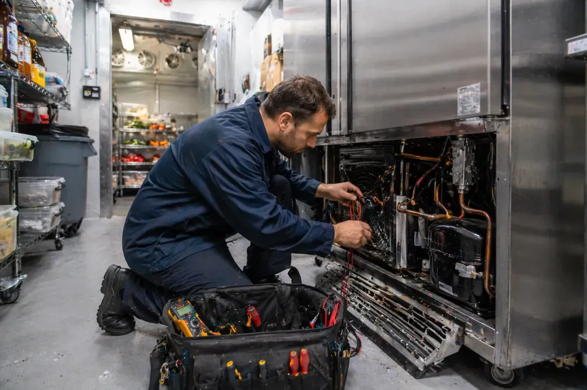 Persona con traje de protección rociando un sistema de pesticida montado en un vehículo sobre arbustos