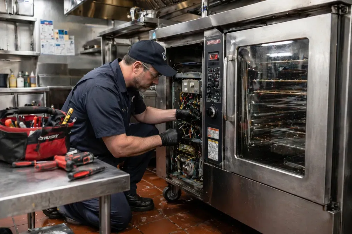 Un técnico con casco azul y chaleco reflectante habla por teléfono mientras trabaja en un ordenador portátil en un parque eólico.