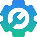Icône d'engrenage bleue et verte avec une clé, représentant les paramètres ou la configuration.