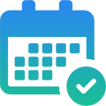 Icône de calendrier avec une coche, dégradé bleu-vert, indiquant qu'un événement est confirmé.
