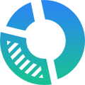 Icône de graphique circulaire avec dégradé bleu et vert ; un segment comporte des lignes diagonales.