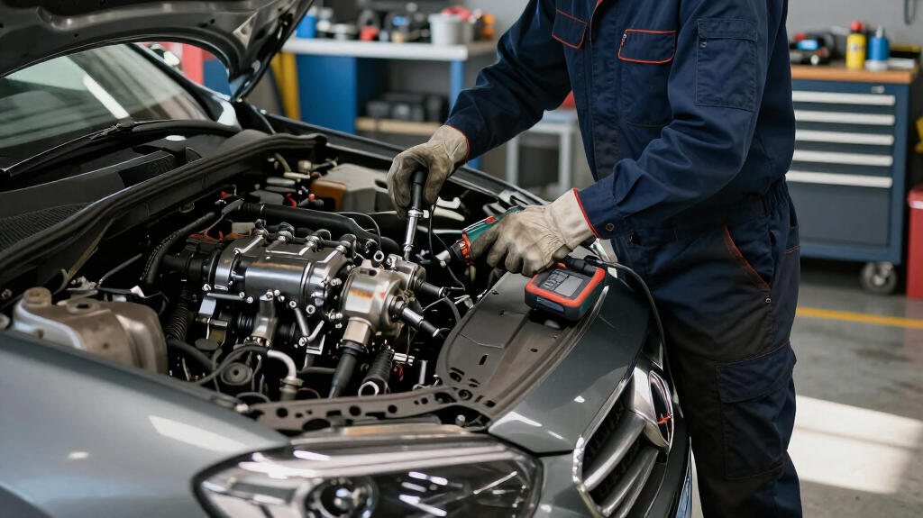 Mecánico trabajando en el motor de un coche en un taller de reparación de automóviles, con el capó abierto.