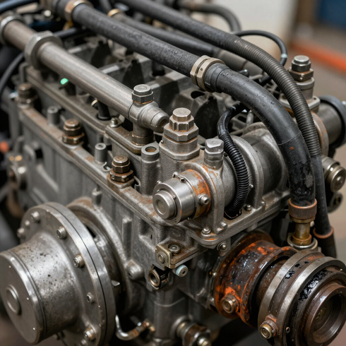 Primer plano de un motor metálico con mangueras, pernos y accesorios oxidados en un entorno industrial.