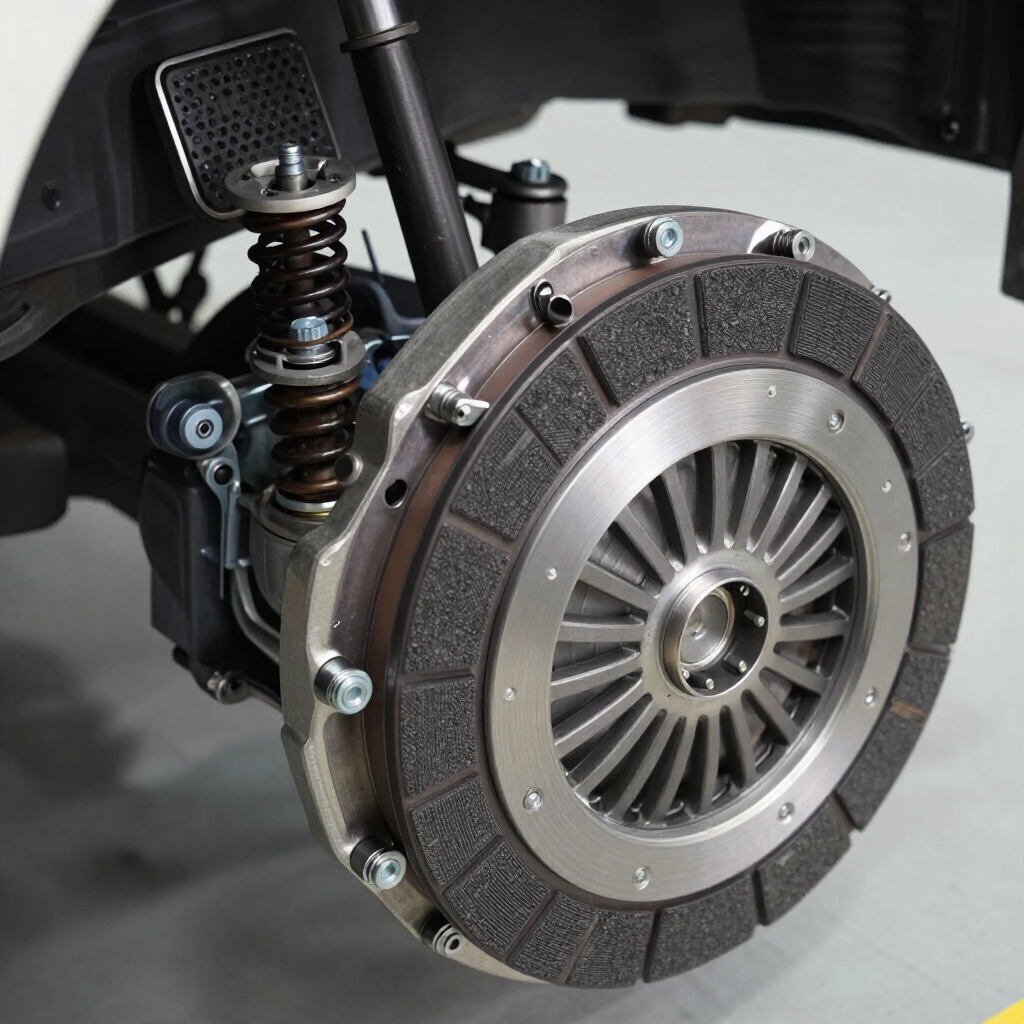 Primer plano de un conjunto de freno de rueda de automóvil con disco ventilado y muelle de suspensión.