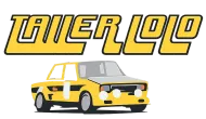 Texto de logotipo amarillo estilizado sobre un coche amarillo de dibujos animados sobre un fondo blanco.