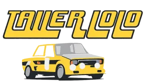 Texto de logotipo amarillo estilizado sobre un coche amarillo de dibujos animados sobre un fondo blanco.