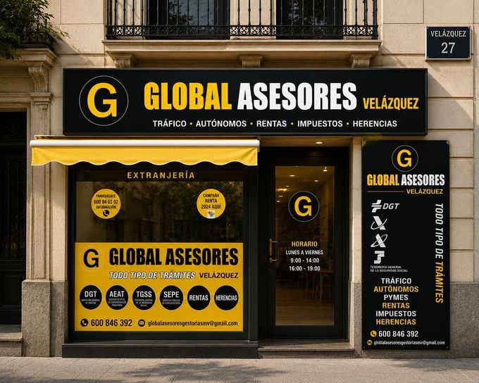 Fachada de “Global Asesores” con letrero negro y amarillo y entrada de cristal en una calle de la ciudad.