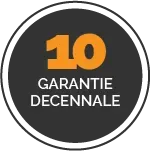 10 ans de garantie decennale dans un rond gris écrit en orange.