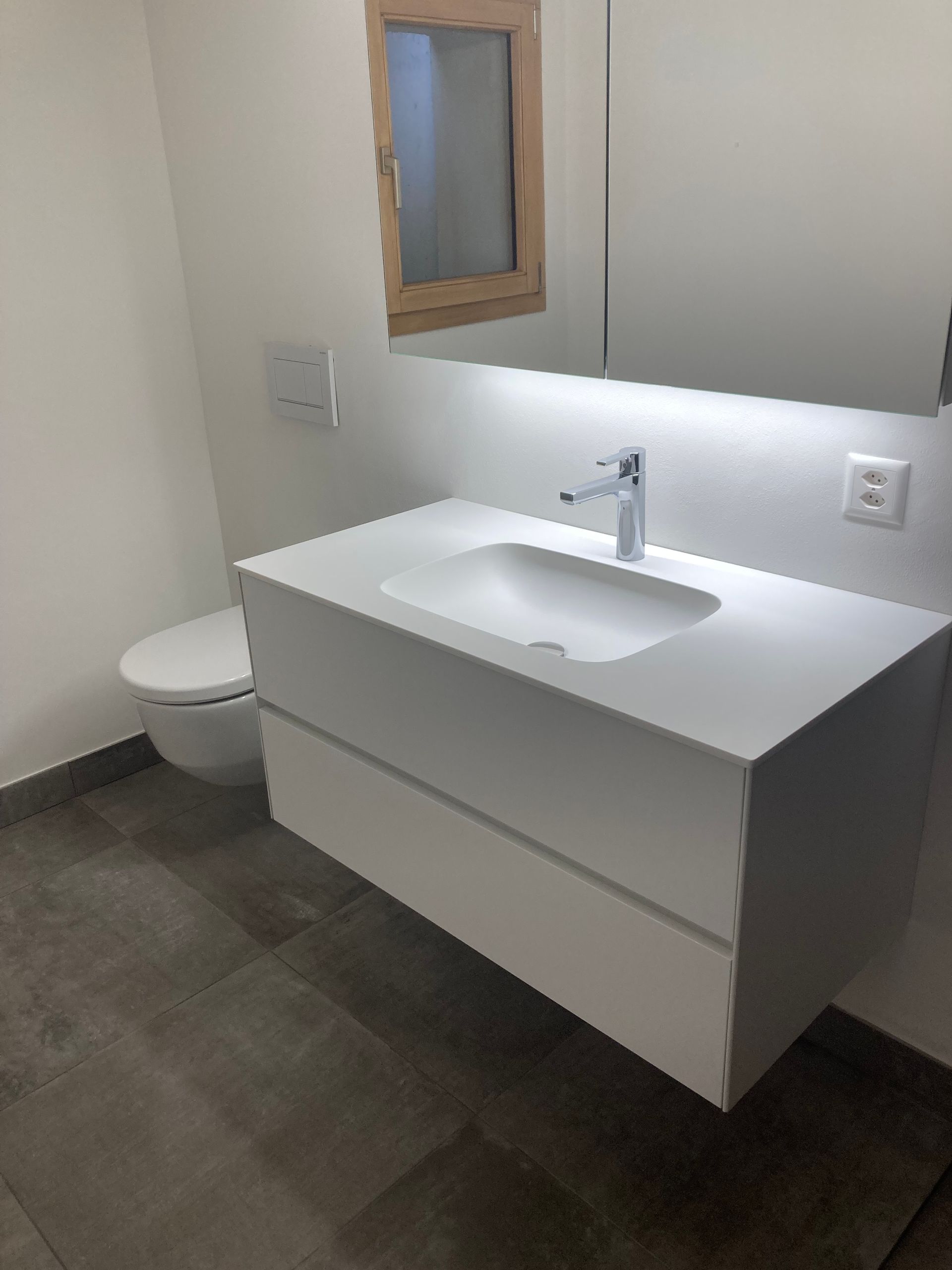 Une salle de bain avec lavabo, WC et miroir Thierry Schopfer Sàrl