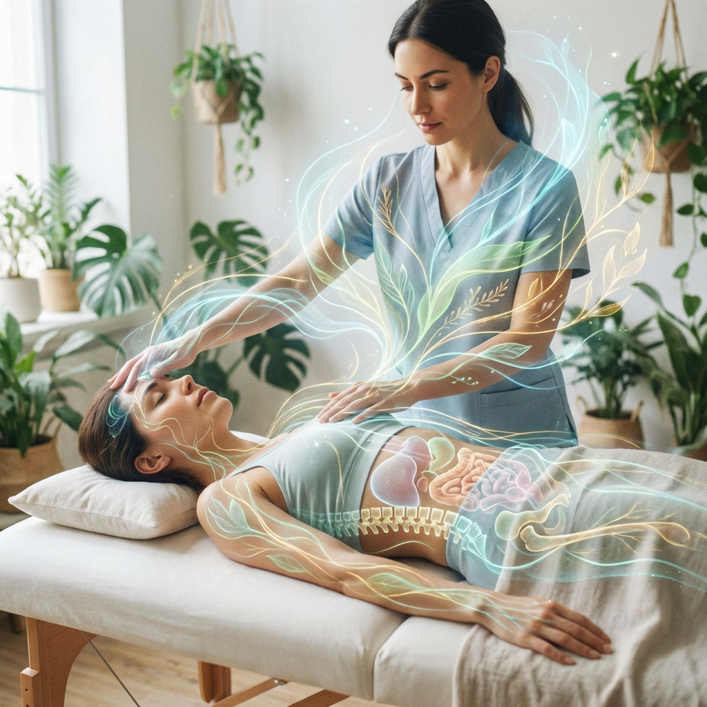 Un physiothérapeute examine le genou d'un patient, mis en évidence par une superposition de squelette, sur une table de traitement.