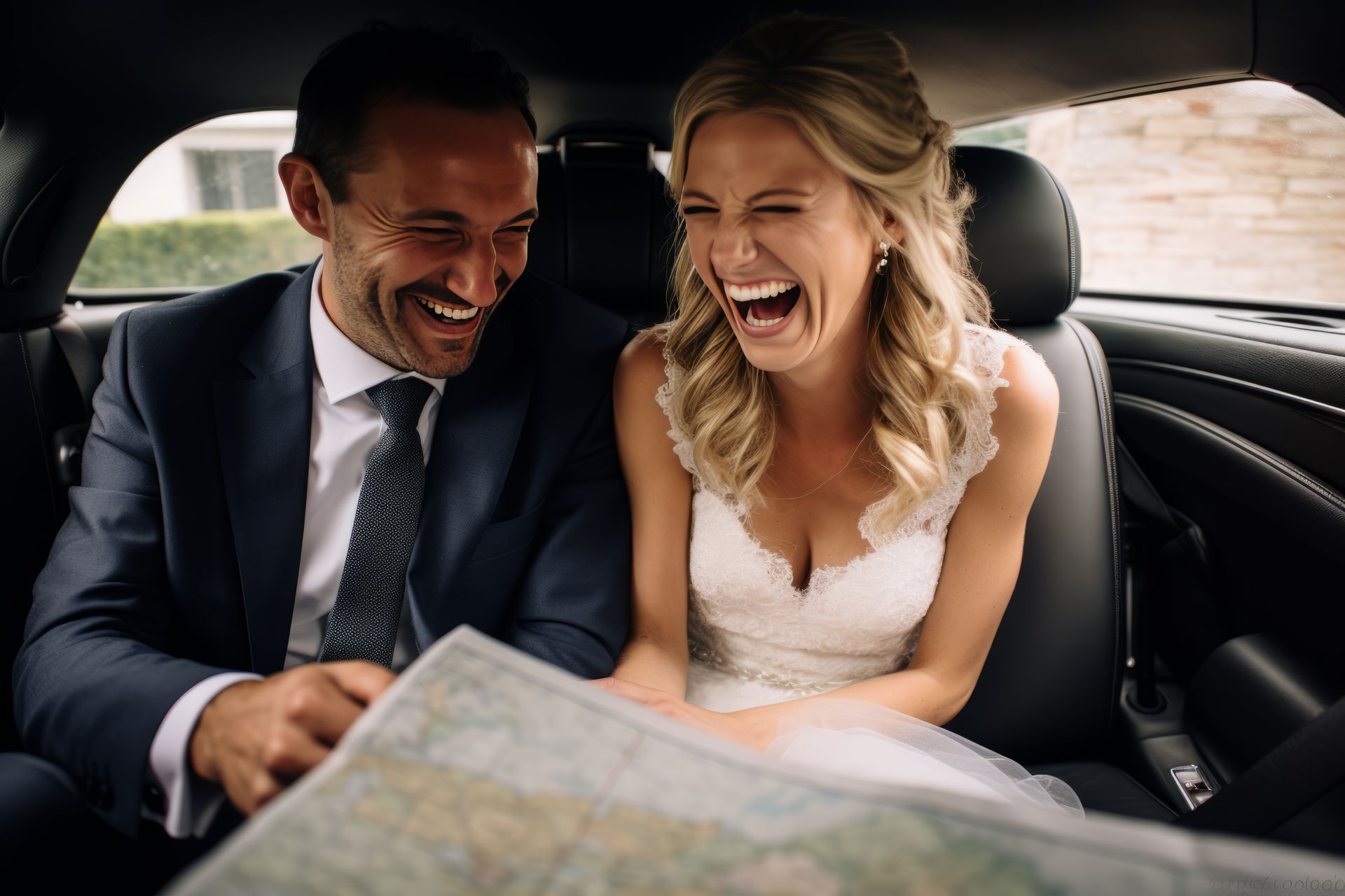Couple de mariés riant assis sur les sièges passagers arrière d'une voiture représentant le service de taxi évènementiel