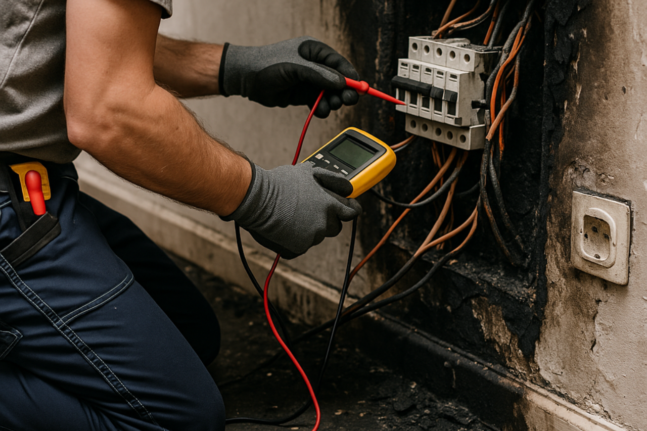 Un électricien teste des fils avec un multimètre, près d'un panneau électrique endommagé, dans un mur brûlé.