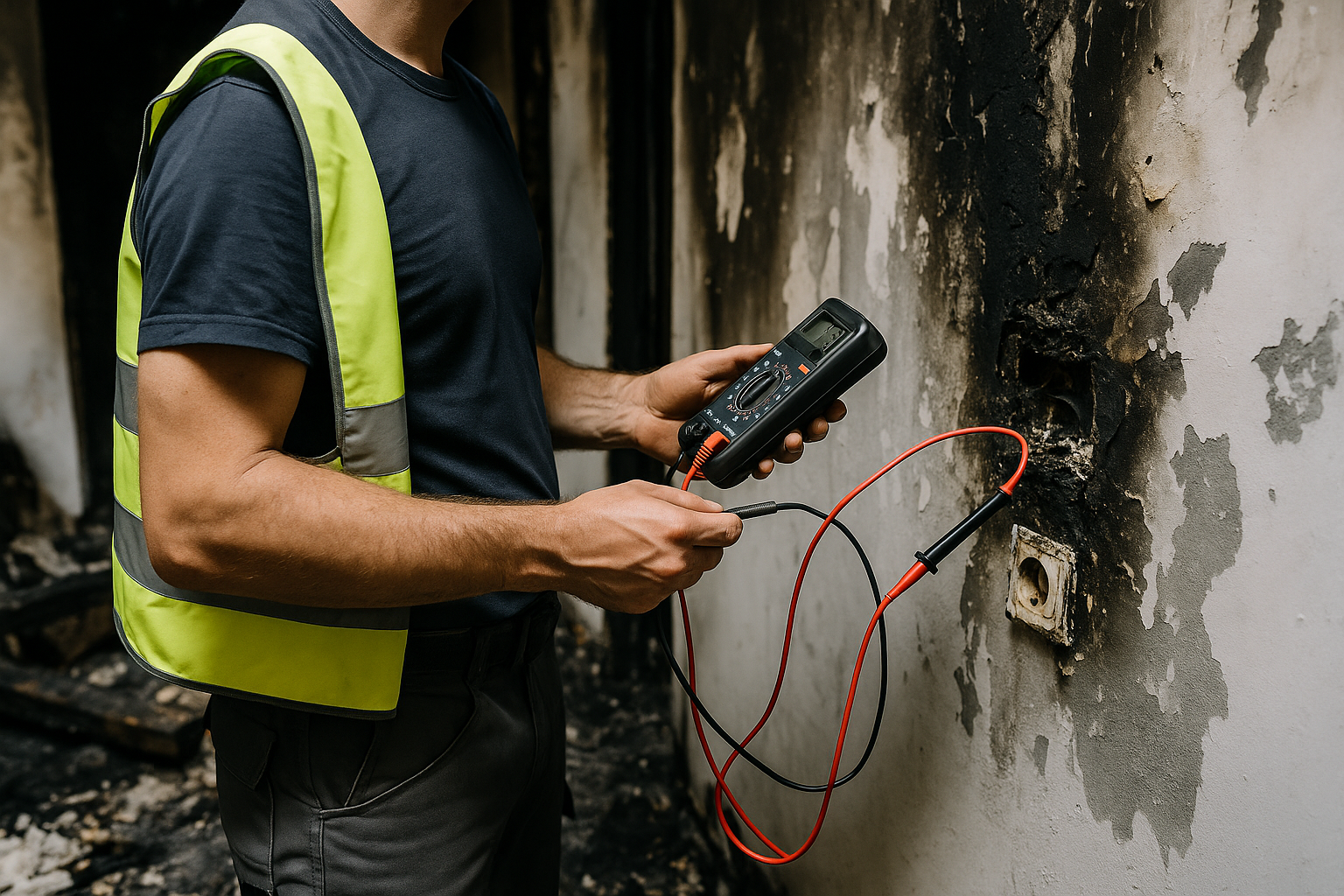 Un homme portant un gilet de sécurité utilise un multimètre pour tester une prise électrique.