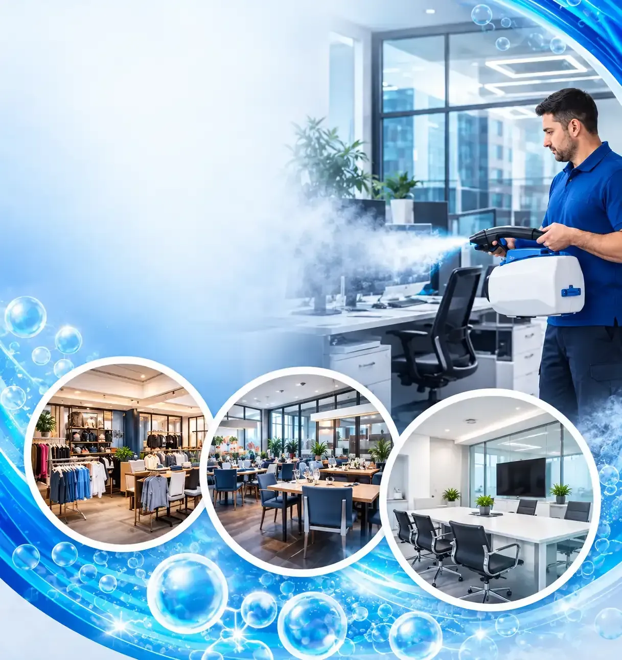 Técnico desinfectando una oficina moderna con pulverizador de niebla, con espacio de trabajo limpio e interior 