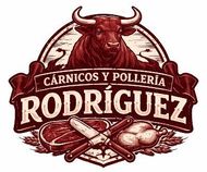 Logo rojo de carnicería y pollería Rodríguez con toro y piezas de carne.