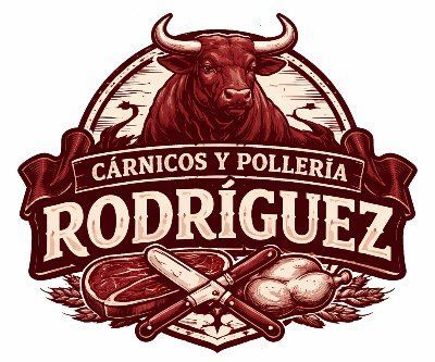 Logo rojo de carnicer&iacute;a y poller&iacute;a Rodr&iacute;guez con toro y piezas de carne.