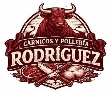 Logo rojo de carnicería y pollería Rodríguez con toro y piezas de carne.