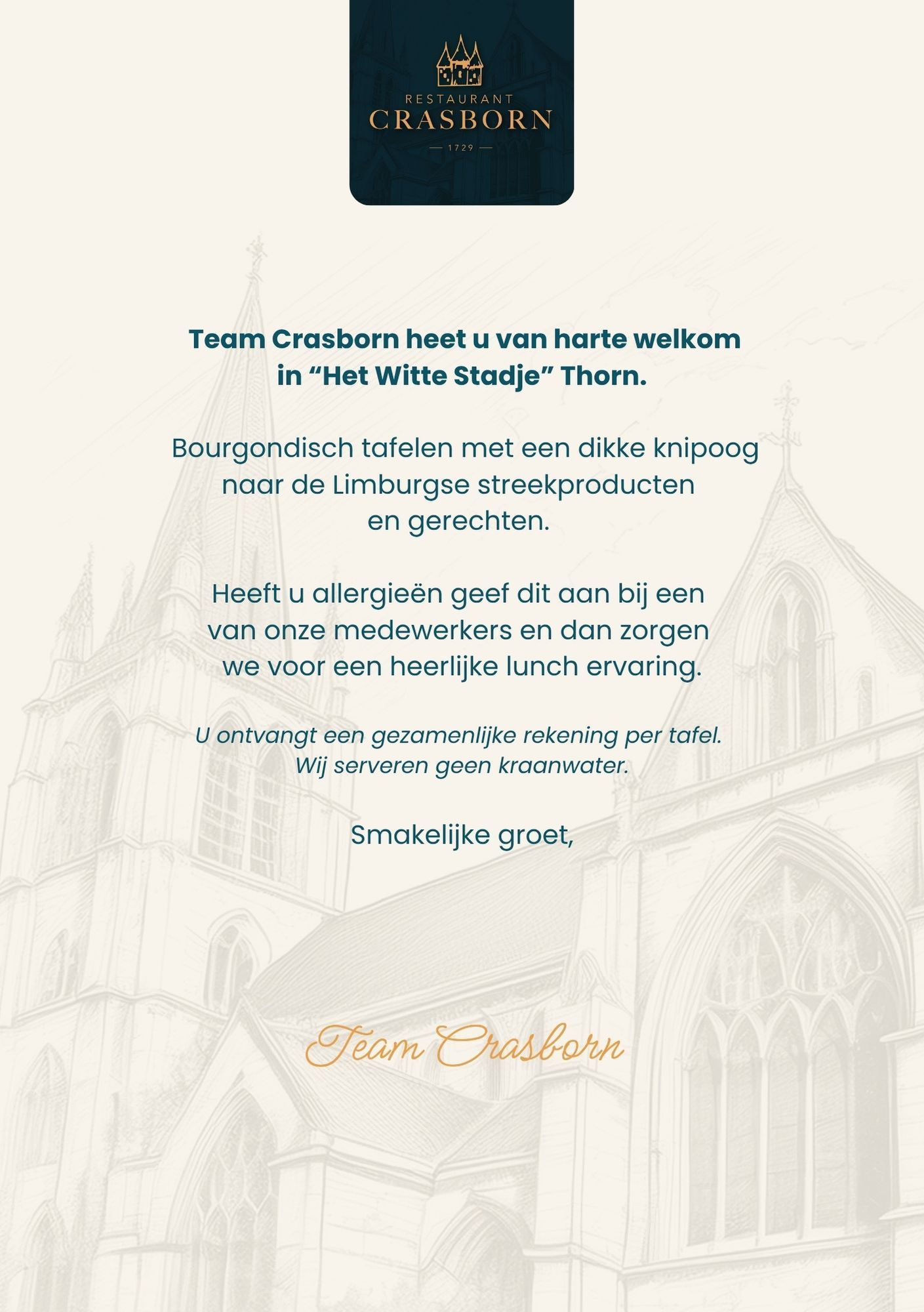 Een lunchkaart met daarop een afbeelding van de Abdijkerk van Thorn kerk.