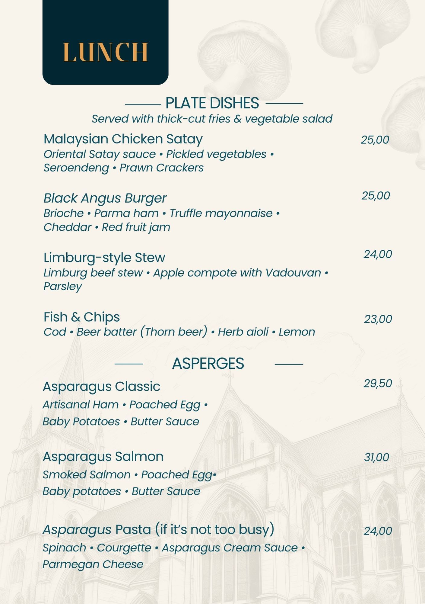 Een menukaart voor een restaurant toont een verscheidenheid aan gerechten en dranken.