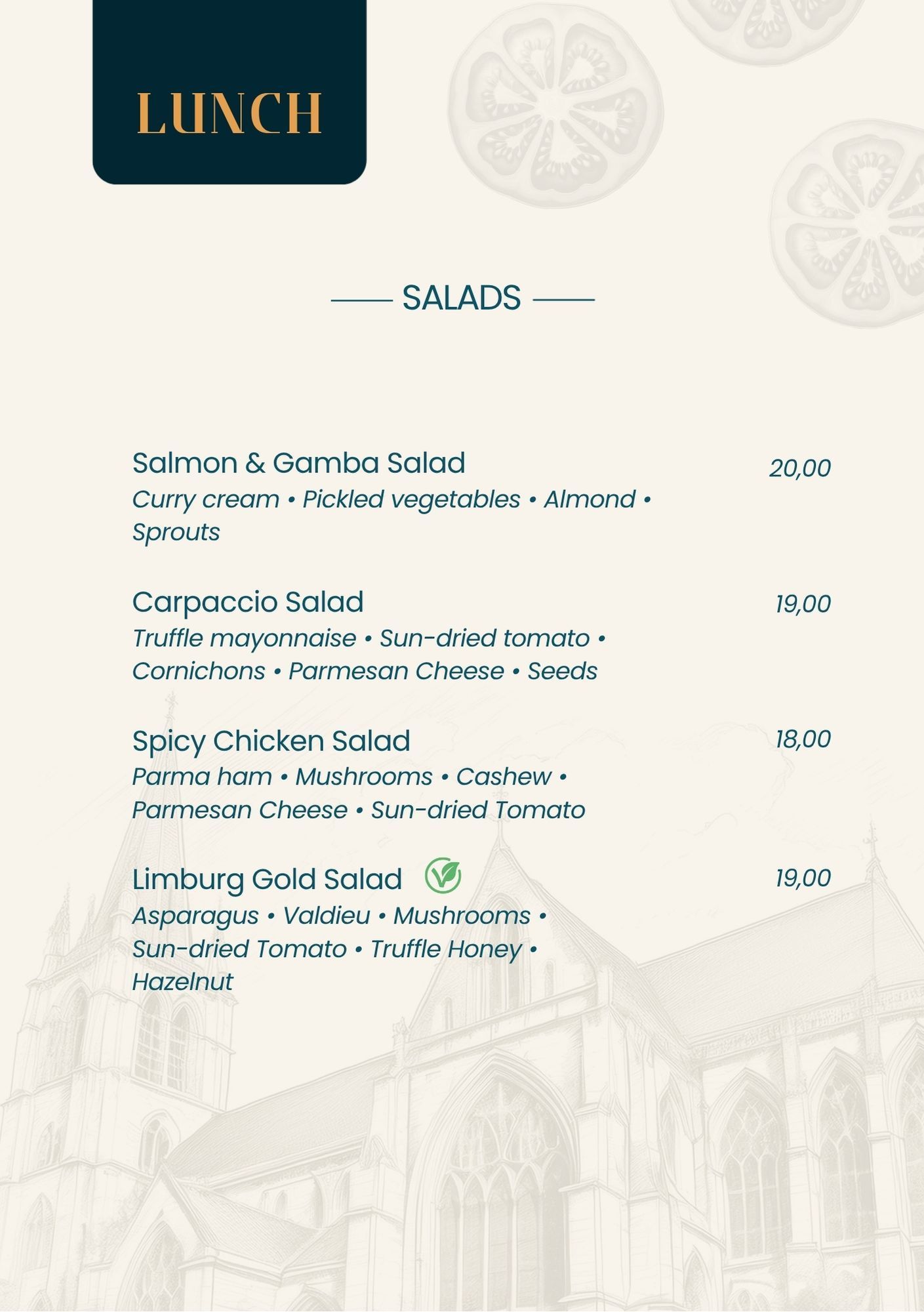 Een menu voor een restaurant met daarop een afbeelding van een gebouw.