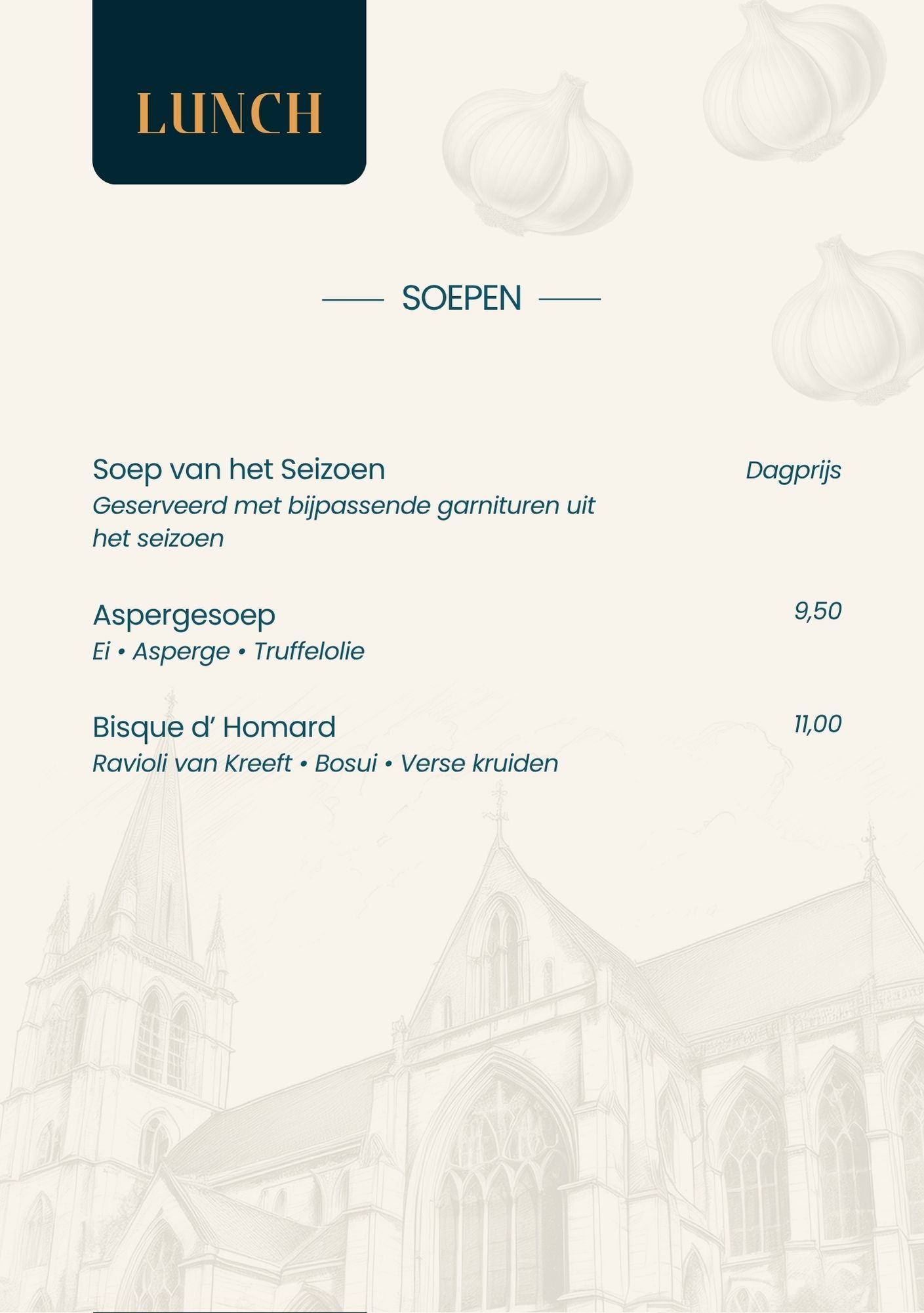 Een menu voor een restaurant met daarop een afbeelding van een gebouw.