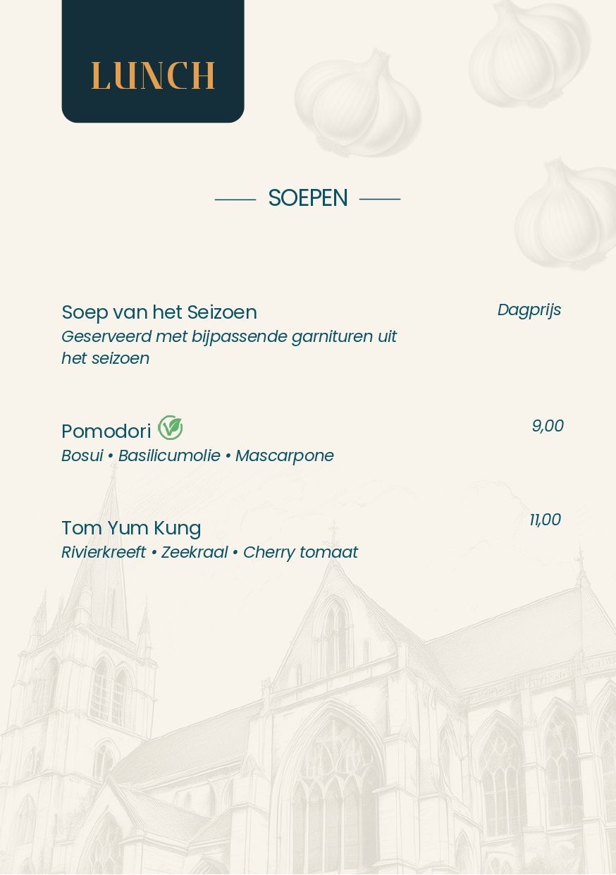 Een menu voor een restaurant met daarop een afbeelding van een gebouw.
