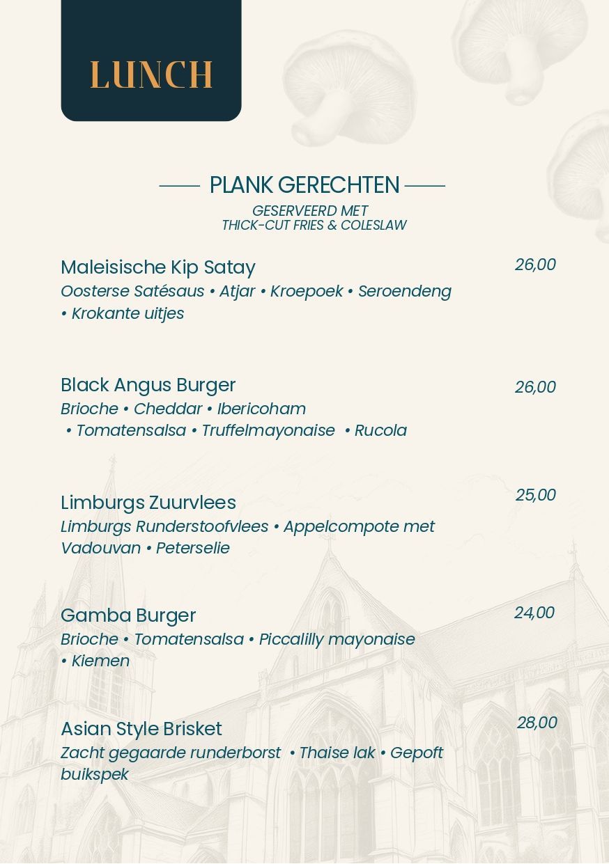 Een menukaart voor een restaurant toont een verscheidenheid aan gerechten en dranken.