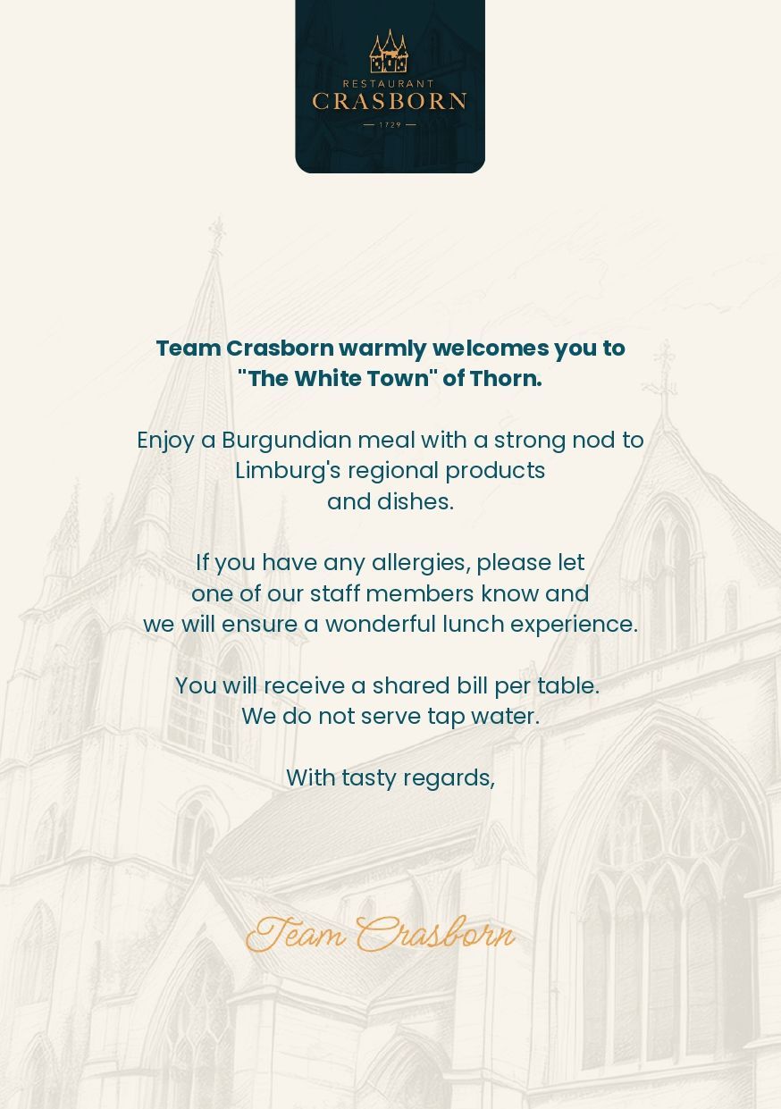 Een lunchkaart met daarop een afbeelding van de Abdijkerk van Thorn kerk.