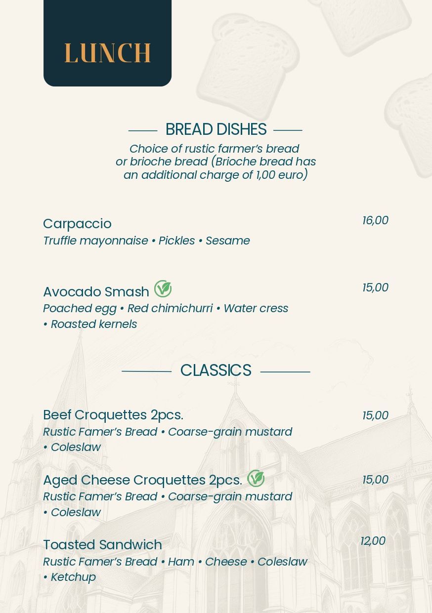 Een menukaart voor een restaurant met een afbeelding van brood erop.